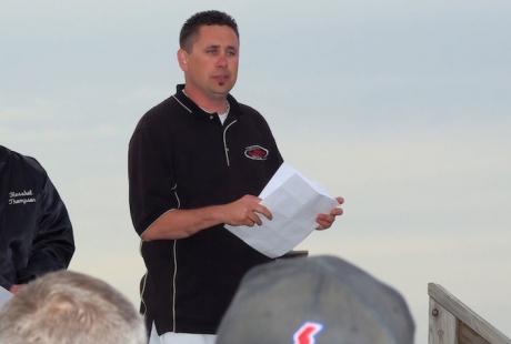 Jason Bodenhamer at the April 16 drivers' meeting. (Mike Musslin)