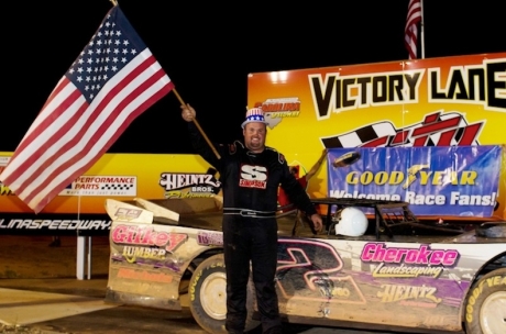 Dennis Franklin visits victory lane at Carolina Speedway. (Gary Laster)