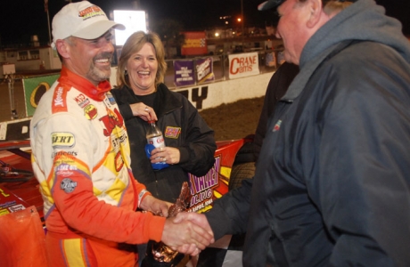 Billy Moyer enjoys victory lane. (DirtonDirt.com)