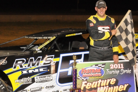 Joe Martin enjoys victory lane at Dog Hollow. (Joe Nowak)