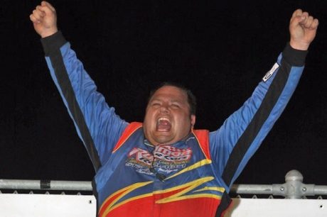 Brian Ruhlman celebrates his first Late Model victory of the season. (Jeremey Rhoades)