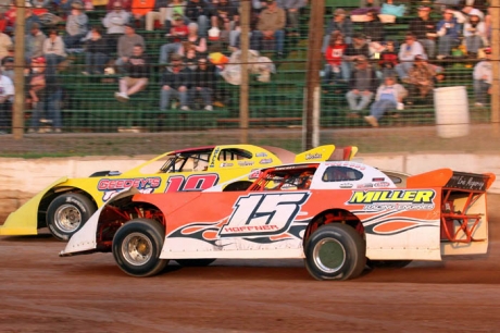 Luke Hoffner (15) competes early this season at Clinton County (Pa.) Raceway. (pbase.com/cyberslash)