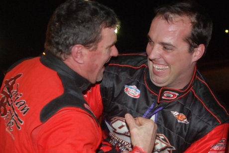 Runner-up David Turner (left) gives winner Jesse Stovall a hard time in victory lane. (DirtonDirt.com)