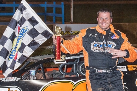 Eddie Carrier Jr. enjoys victory lane at Florence. (Jeff Eissing)