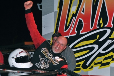 Ron Parker celebrates his $3,000 NDRA victory at Lancaster. (DirtonDirt.com)