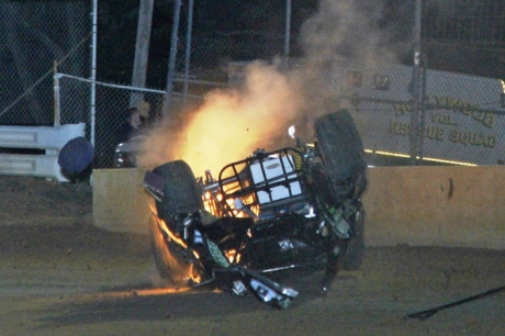 Ben Bowie went for a wild ride after crossing the finish line first at Potomac. (Roseann Zimmerman)