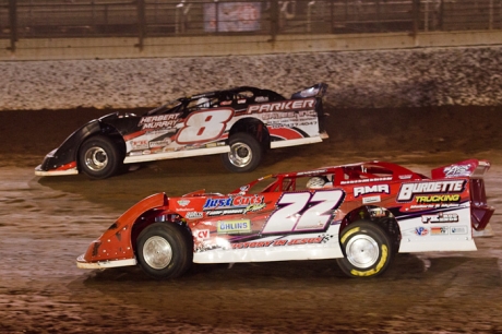 Chris Ferguson (22) stalks Ron Parker at the Dirt Track at Charlotte. (Gary Laster)