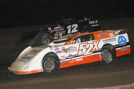 Winner David McDonald (52x) gets under polesitter Chad Becker (12) at Brown County Speedway. (crpphotos.com)