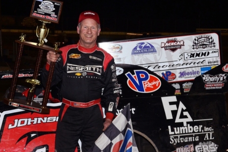 Ronnie Johnson enjoys victory lane at Bubba Raceway Park. (Troy Bregy)