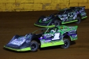 Tyler Erb (1) outran Jason Feger (25) on July 6 to win the DIRTcar Summer Nationals debut at Duck River Raceway Park in Wheel, Tenn. (joshjamesartwork.com)
