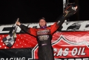 Bobby Pierce on July 15 celebrates his Lucas Oil Late Model Dirt Series victory at Shelby County Speedway in Harlan, Iowa. (mikerueferphotos.photoreflect.com)