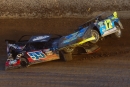 Benji Hicks (55) and Greg Williams (17) collide during Thursday's second heat at Eldora. (joshjamesartwork.com)