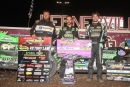 Winner Max Blair (center) collected $20,000 on June 27 at Lernerville Speedway in Sarver, Pa., for his fourth Bill Emig Memorial victory on the RUSH Crate Late Model Series. (Howie Balis)