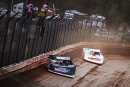 Ryan Gustin heads for a heat race victory in Saturday's World of Outlaws Late Model Series action at Sharon Speedway in Hartford, Ohio. (Emily Schwanke/woolms.com)