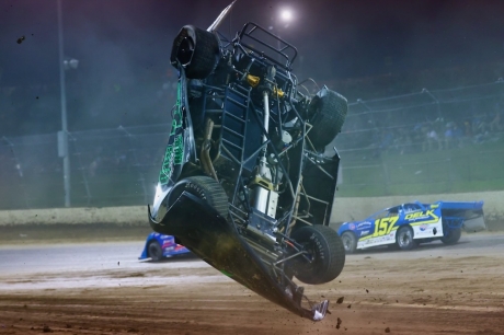 Mason Zeigler's flipping wreck at Eldora. (joshjamesartwork.com)