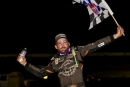 Home-state driver Josh Rice celebrates Oct. 5&#039;s Valvoline American Late Model Iron-Man Series victory at Mudlick Valley Raceway in Wallingford, Ky. (Tyler Carr)