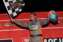 Devin Moran celebrates in victory lane after his capturing May 8&#039;s FloRacing Night in America feature at Lincoln (Ill.) Speedway. (mikerueferphotos.photoreflect.com)