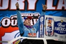 Tim McCreadie celebrates June 29&#039;s World of Outlaws Real American Beer Late Model Series victory at Nodak Speedway in Minot, N.D. (Emily Schwanke/woolms.com)
