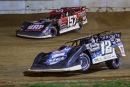 Jason Jameson (12) outran Mike Marlar (157) for a $10,000 Valvoline American Late Model Iron-Man Series victory at Mudlick Valley Raceway in Wallingford, Ky. (michaelboggsphotography.smugmug.com)