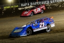 Hudson O'Neal (71) goes under Brandon Overton (76) en route to May 14's Lucas Oil Late Model Dirt Series victory at Eagle (Neb.) Raceway. (heathlawsonphotos.com)