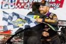 Josh Rice is embrace by runner-up Garrett Alberson after his Show-Me 100 weekend makeup feature victory at Lucas Oil Speedway in Wheatland, Mo. (heathlawsonphotos.com)