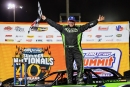 Jason Feger celebrates June 19's DIRTcar Summer Nationals victory at Farmer City (Ill.) Raceway. (highsideraceshots.com)