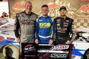 Winner Ashton Winger is flanked by runner-up Shane Clanton (left) and third-finishing Michael Page (right) after June 27's Hunt the Front Super Dirt Series victory at Senoia (Ga.) Raceway. (facebook.com/htfseries)
