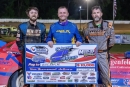 Winner Mike Marlar is flanked by runner-up Michael Chilton (right) and third-finishing Henry Hornsby III on July 4 at Mudlick Valley Raceway in Wallingford, Ky. (michaelboggsphotography.smugmug.com)