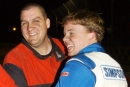 Winner Kenny Merchant is congratulated by Rodney Wing (right) in victory lane Nov. 8, 2003, after his SUPR-sanctioned Jambalaya 100 victory at Pike County Speedway in Magnolia, Miss. (DirtonDirt.com)