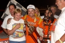 Kyle Berck enjoys Lakeside Speedway&#039;s victory lane May 7, 2004. Topless Outlaw Racing Association founder Lonnie Smith is at right. (DirtonDirt.com)